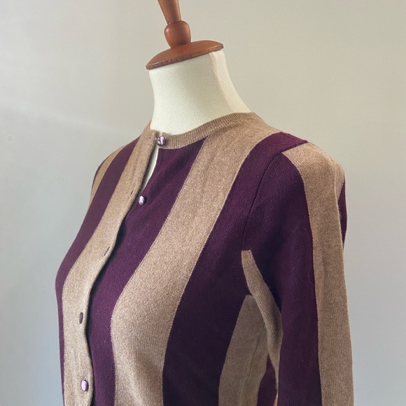 Beautiful NWT burgundy + tan JCrew Collection Striped cashmere Cardigan - Picture 2 of 10